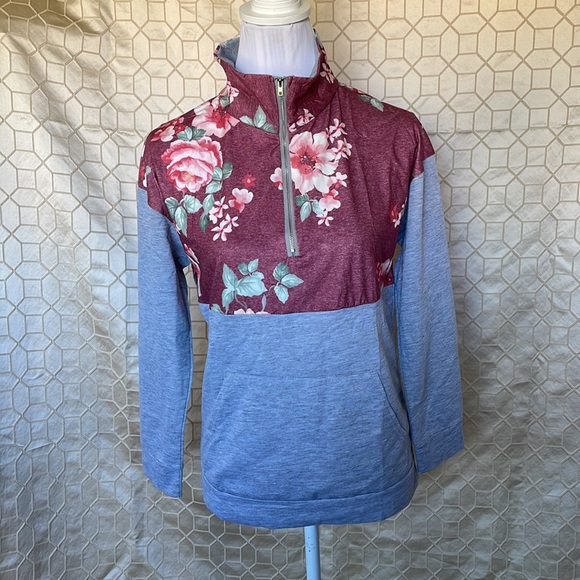 AlvaQ Sweatshirt Casual Long Sleeve Quarter Zip Color Block Floral Pullover S - Picture 10 of 16